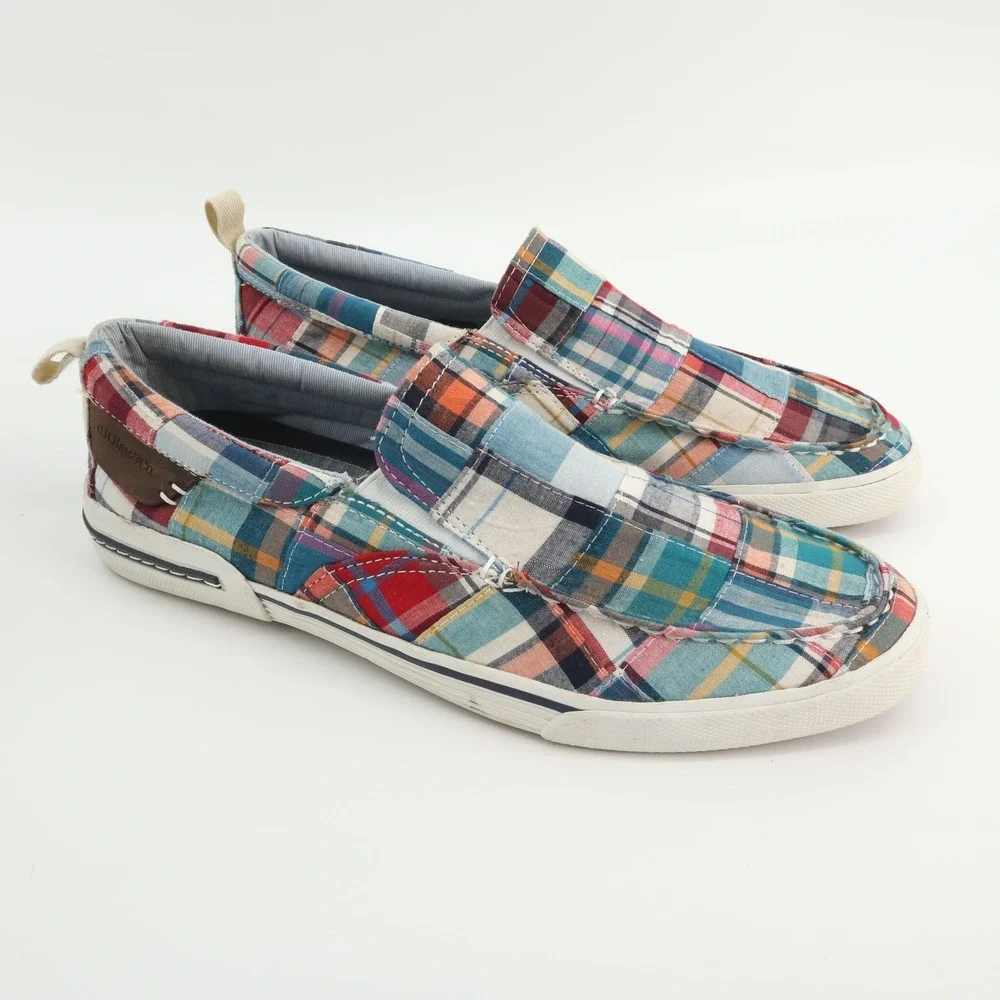 GH Bass Olsen Mens 10.5 M Plaid Patchwork Canvas Slip On Loafers Shoes‎